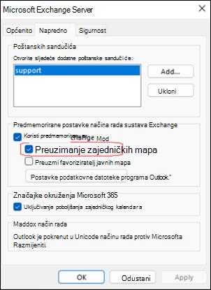 Primjer preuzimanja zajedničkih mapa iz programa Outlook