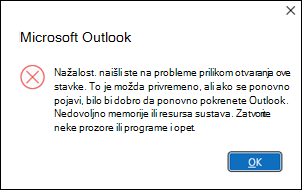 Pogreška u programu Outlook pri otvaranju šezdeset poruka e-pošte