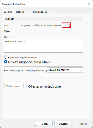 Slika prikazuje prozor svojstava sastanka programa Outlook s crvenom zaokruženom bojom m a p i.
