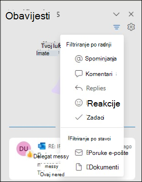 Mogućnosti filtriranja obavijesti programa Outlook