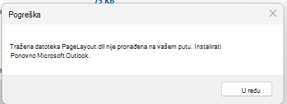Snimka zaslona s porukom o pogrešci, Tražena datoteka PageLayout.dll nije moguće pronaći