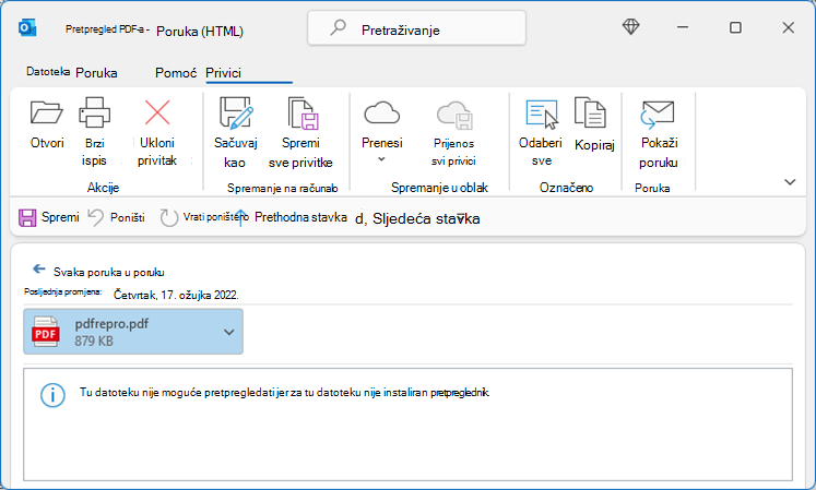 Pogreška u PDF-u prilikom pokušaja prikaza iz programa Outlook
