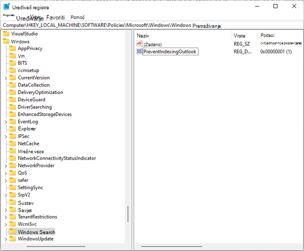 Windows Search uz alat regedit