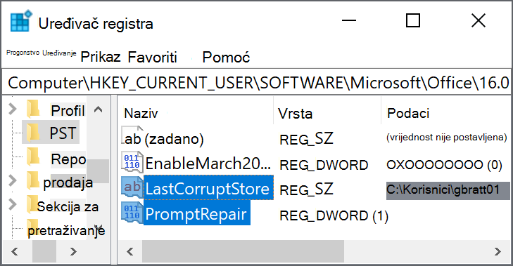 Postavke registra za brisanje LastCorruptStore PromptRepair=dword:00000001