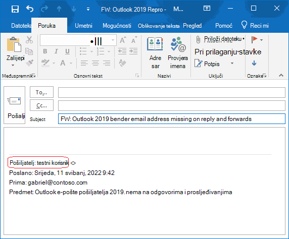 U tijelu poruke e-pošte nedostaje adresa e-pošte pošiljatelja izvorne poruke