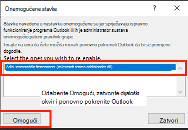 Snimka zaslona s prikazom dijaloškog okvira za omogućivanje onemogućenih stavki.
