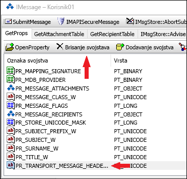 Svojstvo PR_TRANSPORT_MESSAGE_HEADERS izbrišite pomoću programa OutlookSpy.