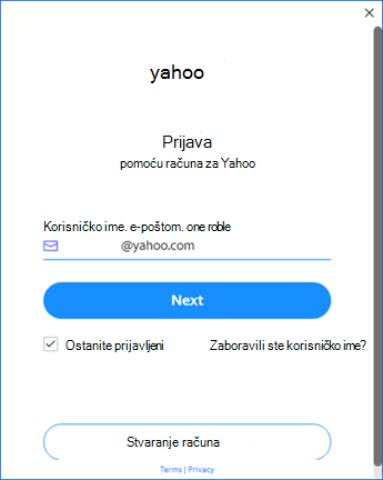 Prvi zaslon za postavljanje servisa Yahoo Outlook