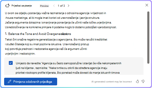 Primijeni odabranu mogućnost prijedloga u rješenju Copilot u programu Word