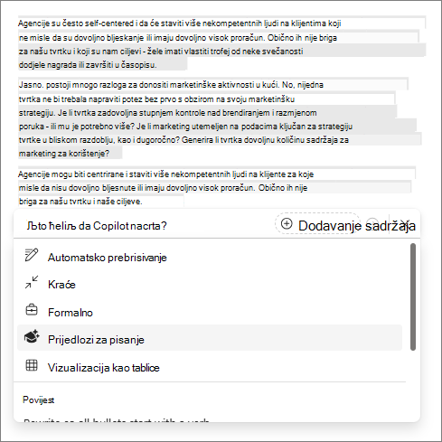Mogućnost prijedloga za pisanje u rješenju Copilot u programu Word