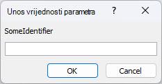 Prikazuje primjer neočekivanog dijaloškog okvira Unos vrijednosti parametra u programu Access s identifikatorom označenim kao Neki identifikator, poljem u koje se unosi vrijednost te gumbima U redu i Odustani.