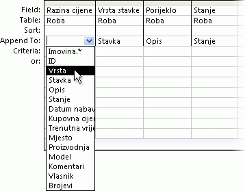Padajući popis u retku Dodaj u