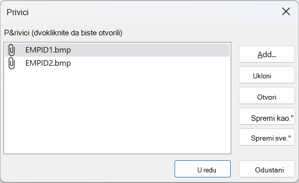 Dijaloški okvir Privici u programu Access u kojem se prikazuju dvije BMP datoteke.