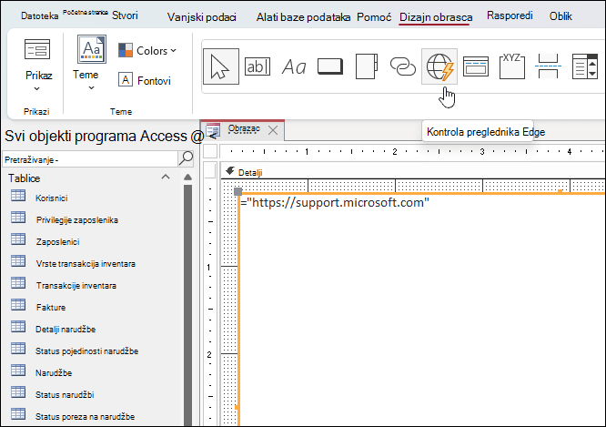 Klik na gumb kontrole preglednika Edge na kartici vrpce Dizajn obrasca u programu Microsoft Access