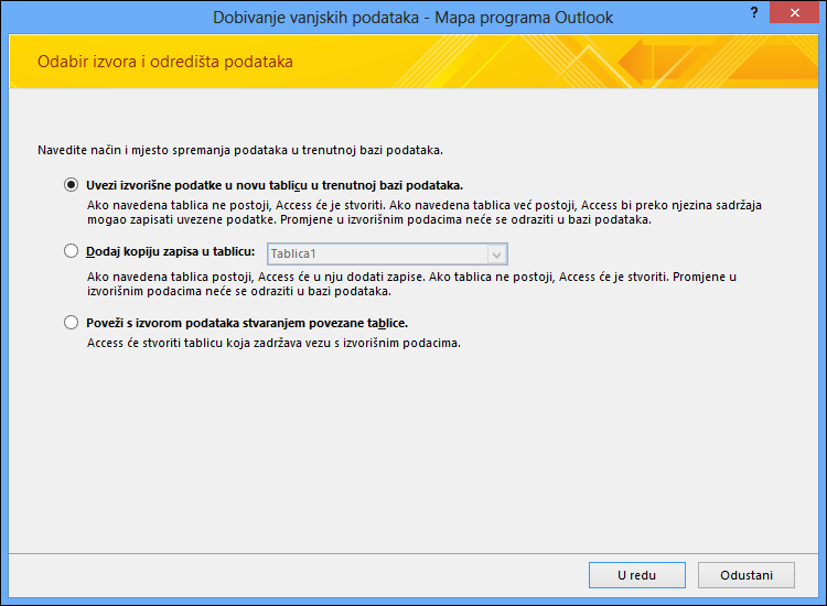 Odaberite uvoz ili dodavanje mape programa Outlook ili povezivanje s njom