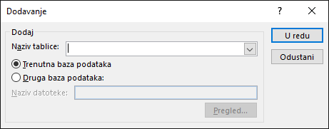 Snimka zaslona dijaloškog okvira Upit s dodavanjem