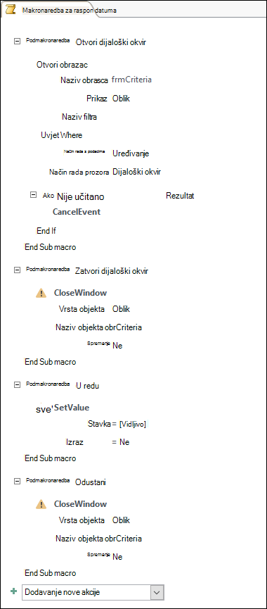 Snimka zaslona na kojoj se prikazuje makronaredba programa Access s četiri podmakronaredbe i akcije.