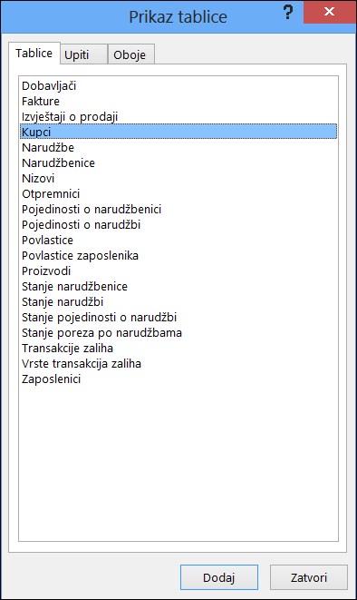 Prikazuje dijaloški okvir Tablica u programu Access s prikazanim nazivima tablica