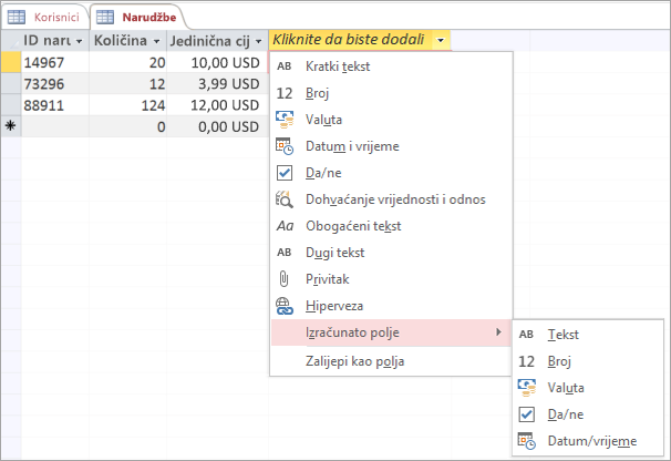 Dodavanje novog polja s vrstom podataka izračunatog polja