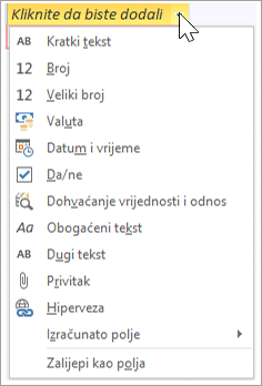 Dodavanje novog stupca tablice, upišite Pretraživanje i odnos