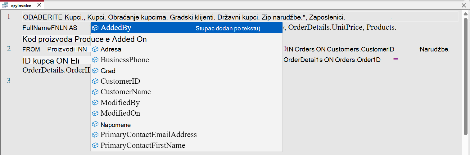 Snimka zaslona prikazuje značajku samodovršetka u Monaku.