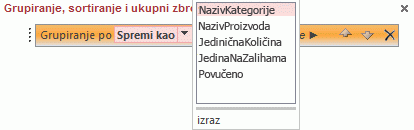 Popis polja u oknu Grupiranje, sortiranje i ukupni zbroj