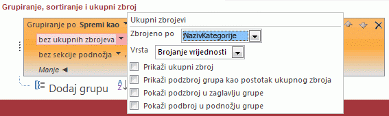 Skočni prozor za ukupni zbroj
