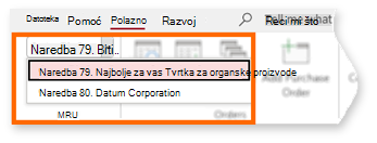 Nedavno korišteni izbornik narudžbi na vrpci Northwind Home