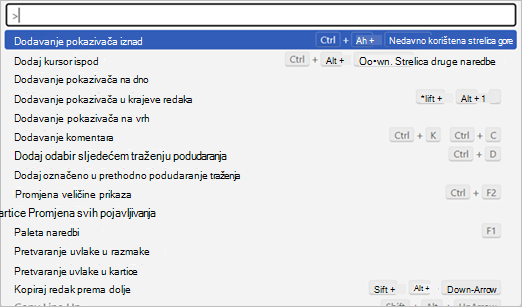 Snimka zaslona na kojoj se prikazuju svi tipkovni prečaci dostupni na Monaku