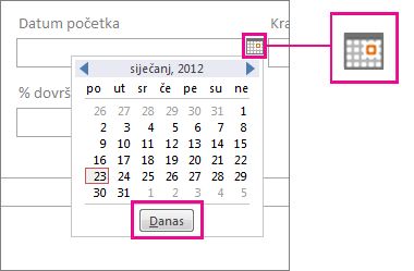 Birač datuma s istaknutim gumbom Danas.