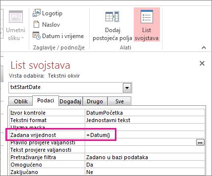 List svojstava na kojem se svojstvo zadane vrijednosti prikazuje postavljeno na Date().