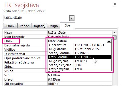 Slika lista svojstava na kojem se prikazuje padajući popis Oblik.