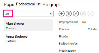 Korištenje okvira pretraživanja u prikazu popisa