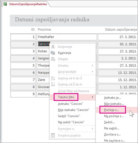 Primjena filtra u izvješću desnim klikom na vrijednost u prikazu izvješća.