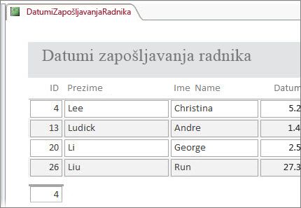Izvješće o zaposlenicima filtrirano naniže na zaposlenike čija prezimena počinju slovom L.
