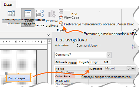 Naredba Dizajn na vrpci za pretvaranje makronaredbi obrasca u Visual Basic