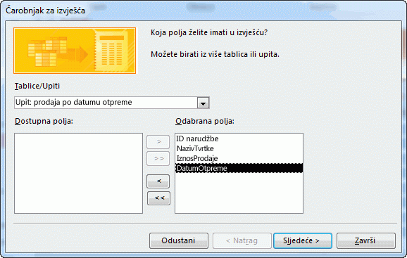 Odabir polja u čarobnjaku za izvješća