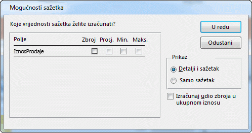 Mogućnosti sažetka u čarobnjaku za izvješća