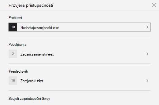 Okno alata za provjeru pristupačnosti s prikazom problema sa zamjenskim tekstom u aplikaciji Sway.