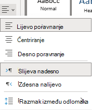 Izbornik za poravnanje teksta u programu OneNote za web.