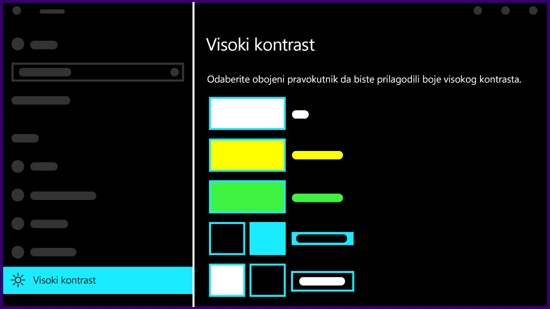 Ilustracija kako postavke jakog kontrasta izgledaju u sustavu Windows 10.