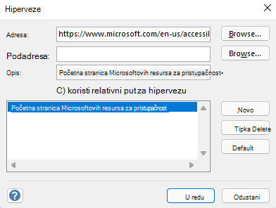 Dijaloški okvir Hiperveze u programu Visio za Windows.