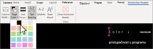 Izbornik boja stranice Fokusirani čitač u programu Word.