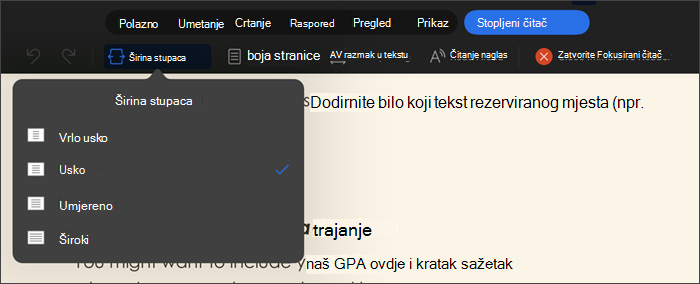 Snimka zaslona stopljenog čitača s odabranom širinom stupca, mogućnosti su vrlo uske, uske, umjerene, široke