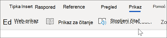 Snimka zaslona gornjeg navigacijskog okna web-aplikacije Word Online, odabran je prikaz, a pokazivač je postavljen na stopljeni čitač.