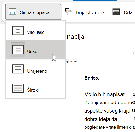 Snimka zaslona padajućeg izbornika širine stupca Za stopljeni čitač, mogućnosti su vrlo uske, uske, umjerene, široke