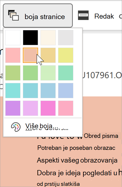 Snimka zaslona padajućeg izbornika boja stranice za stopljeni čitač. Prikazana je paleta boja, a pozadina vidljiva iza padajućeg izbornika pastelno je narančasta