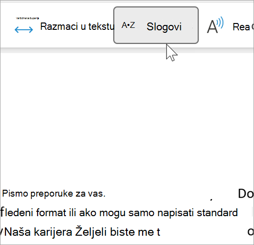 Snimka zaslona s odabranom značajkom sloga stopljenog čitača na kojoj se u poruci e-pošte prikazuje nekoliko riječi odvojenih na slogove. Riječ Preporučena se vrijednost prikazuje kao rec dot om om dot men dot da dot tion