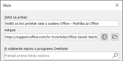 Snimka zaslona s prikazom dijaloškog okvira u programu OneNote. Sadrži dva polja za upisivanje: Tekst za prikaz i Adresa.