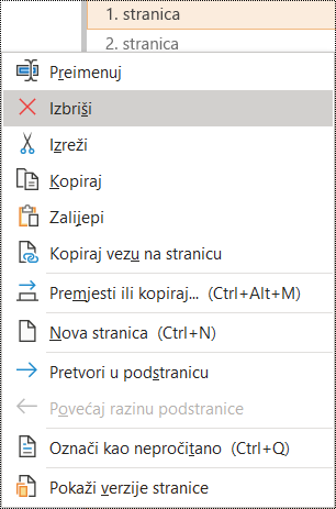 Dijaloški okvir za brisanje stranice u programu OneNote za Windows